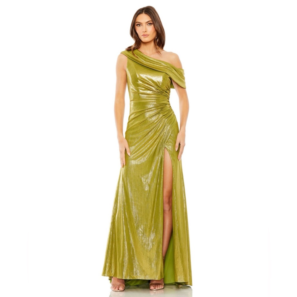 Ieena Mac Duggal Apple Green Off The Shoulder Ruched Waist Slit Metallic Gown
